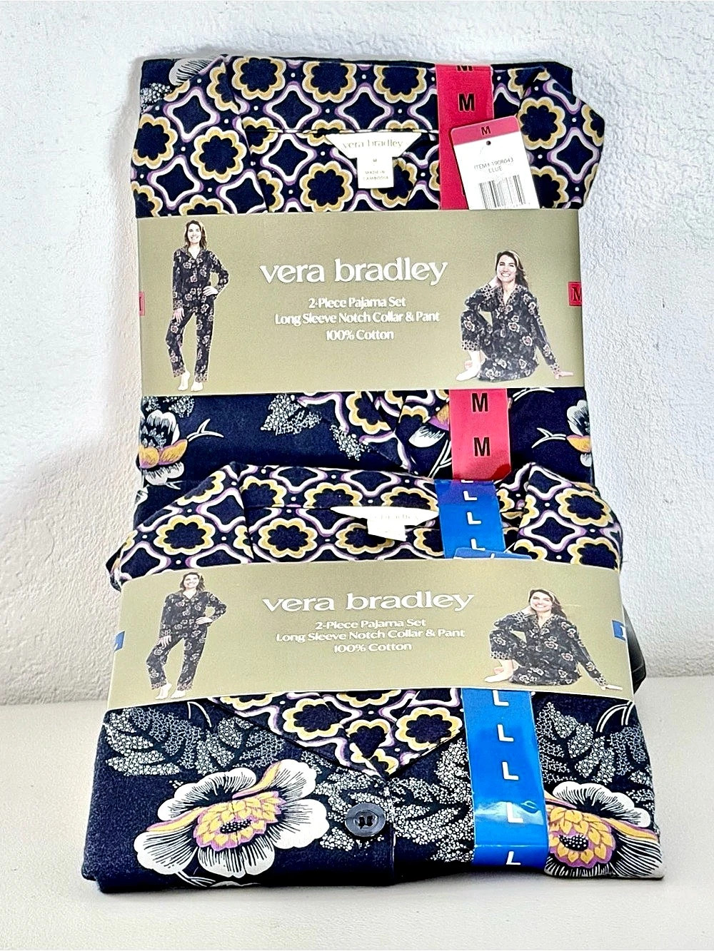 Vera Bradley 2-Piece Pajama Set Long Sleeve Notch Collar & Pant Floral 100% Cott